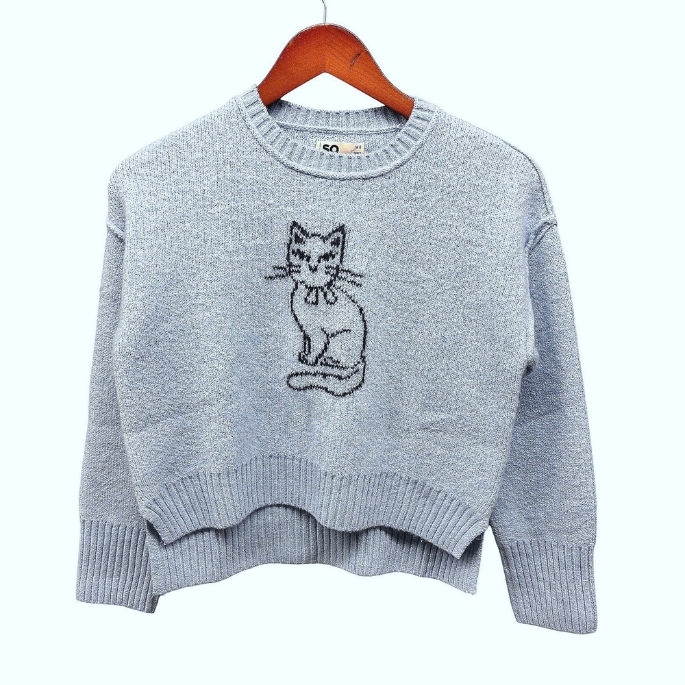 SO Cat Graphic Crewneck Sweater Girls M Light Blue Cropped Pullover Knit NWT